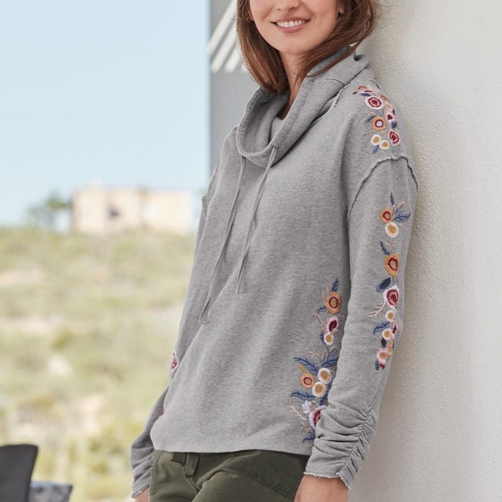 SUNDANCE Botanic Embroidered Cowl-neck Sweatshirt-S